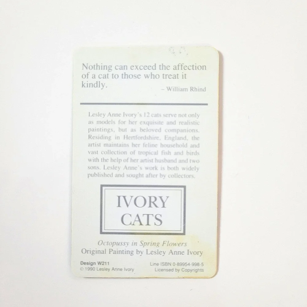 Vintage 90s Lesley Ivory Cats Card Bookmark- Octopussy Flowers 1990 Antioch W211